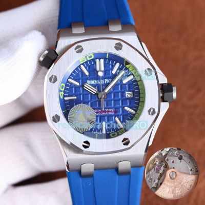 Copy Audemars Piguet Royal Oak watch Blue Dial Silver Bezel Blue rubber Strap 42mm